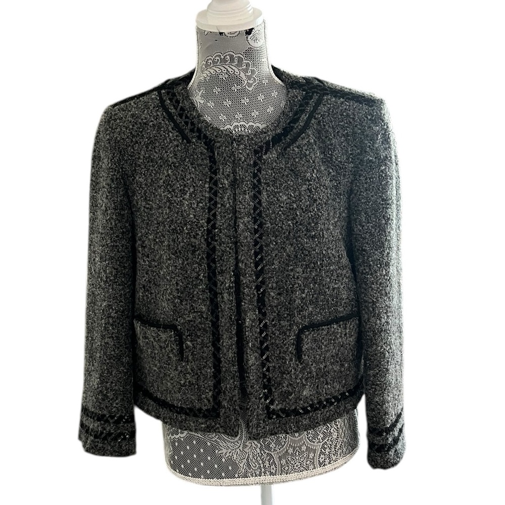 French Connection Gray Boucle Crop Jacket Sequin Trim Size 12